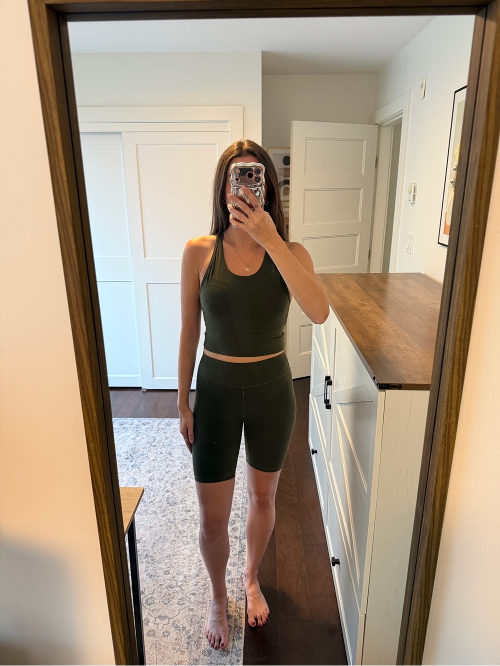 Women’s Olive Green High-Waist Bike Shorts and Tank Top
